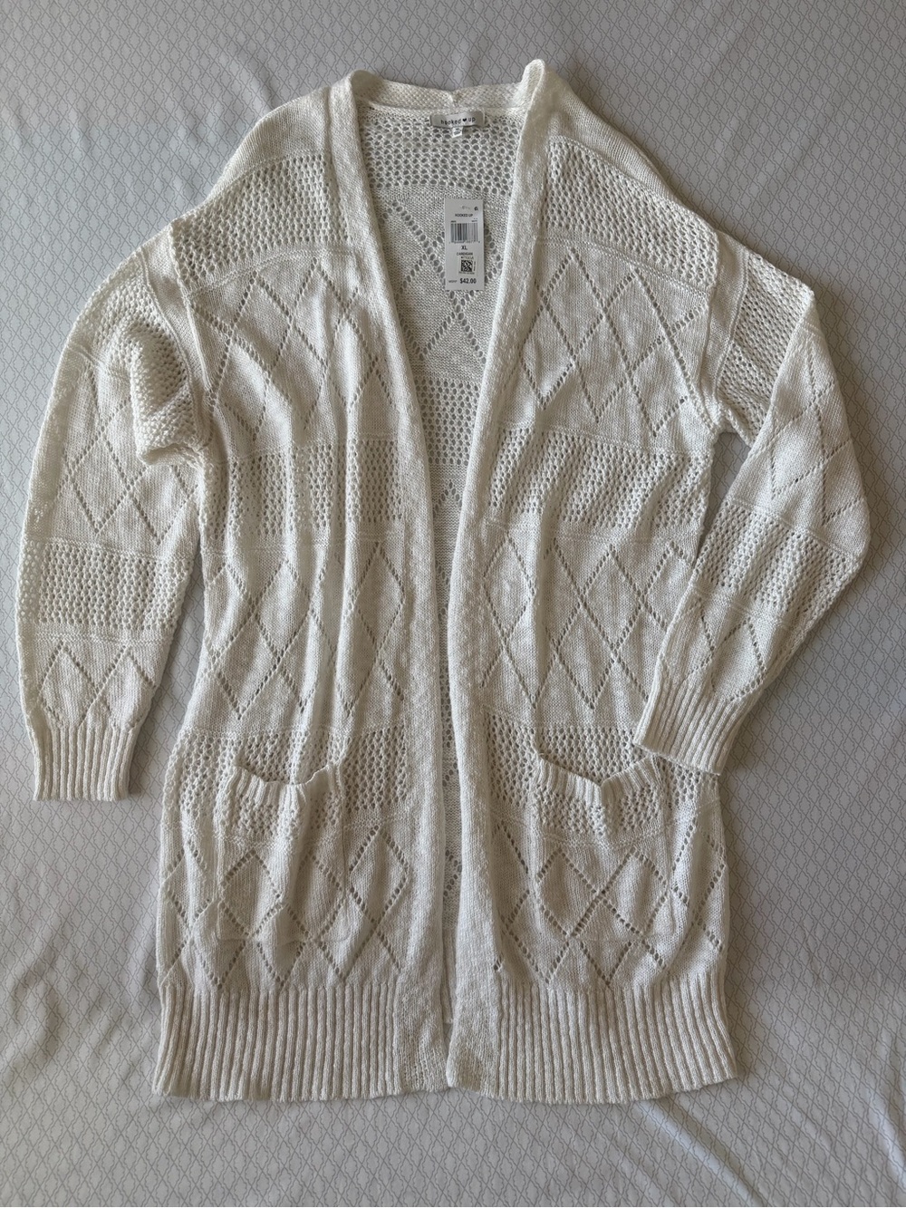 Hooked Up by IOT Cream Open-Front Pointelle Cardigan